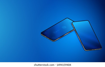 Presentation of smartphones lying together on a flat, smooth surface. Modern technological communication devices. Technology unlock the touch phone with a fingerprint.
