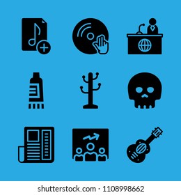 presentation, spanish guitar, skull, rack, music file, news paper, news reporter, vinyl and cream vector icon. Simple icons set