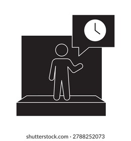 Presentation speech icon vector. Speaker standing on stage talking with clock icon in speech bubble. Time management, public speaking, business seminar, lecture, and punctuality deadline concept.