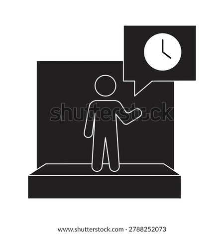Presentation speech icon vector. Speaker standing on stage talking with clock icon in speech bubble. Time management, public speaking, business seminar, lecture, and punctuality deadline concept.