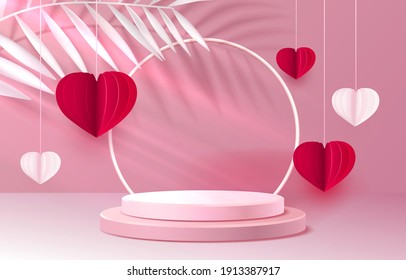 Presentation stage podium heart, Stage Podium Scene Red heart of Valentines Day on color Background. Vector illustration