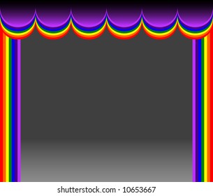 Presentation stage with rainbow colored curtains. Copy space for adding your own text or objects.