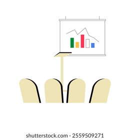 Presentation Stand With Chart And Empty Chairs In Flat Vector Illustration Symbolizing Business Meetings, Conferences, And Data Analysis, Isolated On White Background