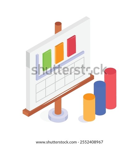 A presentation stand displaying colorful bar charts and data visuals