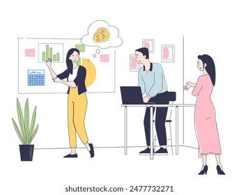 Presentation of startup. Man and women at workplace with graphs and diagrams. People with infographics. Financial and marketing plan. Linear vector illustration isolated on white background