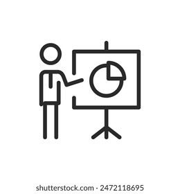 Presentation with statistics, linear style icon. Person at stand pointing to pie chart. Editable stroke width