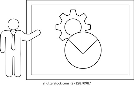 Una presentación con una figura de palo, un gráfico circular y una rueda dentada en un marco