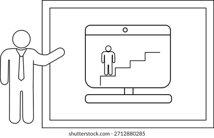 Presentation A stick figure in a suit presents a computer screen showing another stick figure climbing stairs