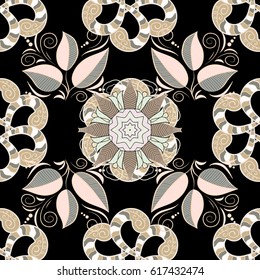 Presentation with stripes mandala and leaves. Modern vector template for brochure leaflet flyer cover catalog magazine or annual report. Light layout on black background.