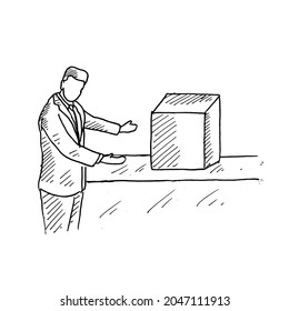 Presentation.	a student is demonstrating a presentation with a cube.	Retro vintage sketch vector illustration. Engraving style. black isolated on white background. vector draw graphic design 