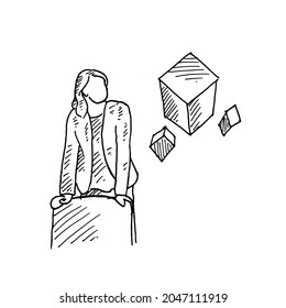 Presentation.	a student is demonstrating her findings with cube media in front of participants.	Retro vintage sketch vector illustration. Engraving style. black isolated on white background. vector 