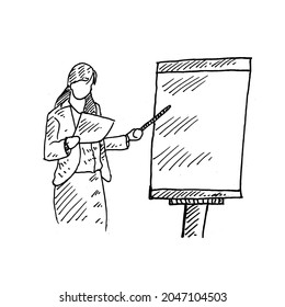 Presentation.	a student in neat clothes, holding notes in front of a blackboard.	Retro vintage sketch vector illustration. Engraving style. black isolated on white background. vector draw graphic 