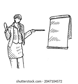 Presentation.	a student is presenting in front of the class with a blackboard and stationery.	Retro vintage sketch vector illustration. Engraving style. black isolated on white background. vector draw
