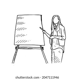 Presentation.	a student is presenting in front of participants with a blackboard.	Retro vintage sketch vector illustration. Engraving style. black isolated on white background. vector draw graphic 