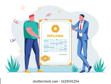 Presentation Success Diploma School, Cartoon. Guys Hold Beautiful Document, Large Diploma with Seal. Man in Suit Receives Diploma from Hands Man Casual Clothes. Vector Illustration.