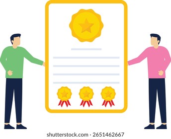 Apresentação Sucesso Diploma School, Cartoon. Os caras seguram um belo documento, um grande diploma com selo. Homem de Terno Recebe Diploma de Mãos Homem Roupas Casuais. Ilustração de vetor.

