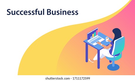 Presentation of a successful business. Modern girl works in the office at a laptop. Sits at a table, holding coffee in his hand. Place for text. Vector illustration in isometric style.