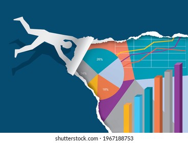 Presentation  of  successful Economic Results, flying man,tearing paper. 
Stylized male silhouette ripping paper and uncovering economic charts. Vector available.