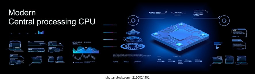 Presentación con un procesador superpotente. Modelo 3D realista de nuevo procesador de generación para el procesamiento de grandes cantidades de información. Banner de concepto de tecnología cibernética con elementos HUD