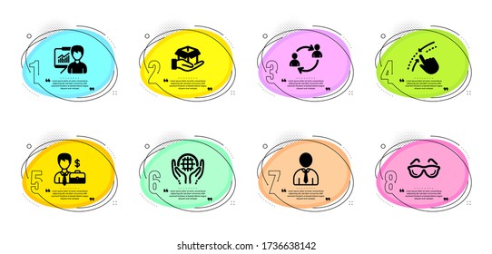 Presentation, Swipe up and Human signs. Timeline infographic. Organic tested, Businessman case and User communication line icons set. Eyeglasses, Hold box symbols. Safe nature, Human resources. Vector