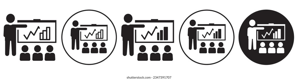 Presentation symbol Icon. Vector sign of person explaining the growth of company business through corporate seminar. Logo of training workshop session to learn by an expert statistic instructor 