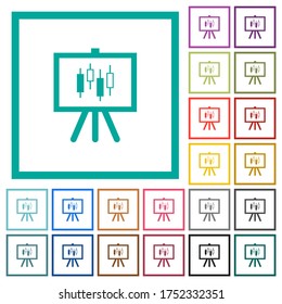 Presentation table with candlestick chart flat color icons with quadrant frames on white background
