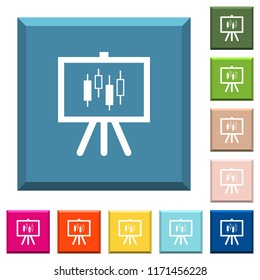 Presentation table with candlestick chart white icons on edged square buttons in various trendy colors