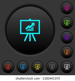 Presentation table with rising graph dark push buttons with vivid color icons on dark grey background