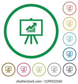 Presentation table with rising graph flat color icons in round outlines on white background