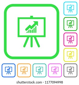 Presentation table with rising graph vivid colored flat icons in curved borders on white background