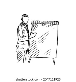 Presentation.	a teaching assistant is presenting with a blackboard in front of the class.	Retro vintage sketch vector illustration. Engraving style. black isolated on white background. vector draw