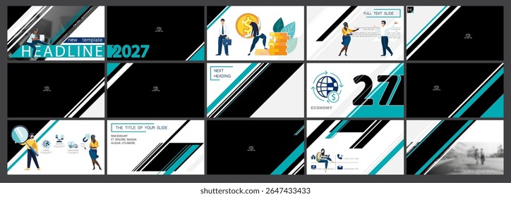 Apresentação. Equipe de pessoas cria negócios, powerpoint. Venda de apartamentos, escritório, volume de negócios financeiro, moedas de ouro dólar. Design infográfico, elementos em preto verde, fundo. Ilustração vetorial