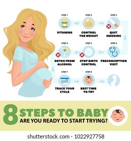 Presentation template 8 Step To Baby.Tips for mothers. Preparation for the conception of a child. Detailed vector Infographic. Planning a baby