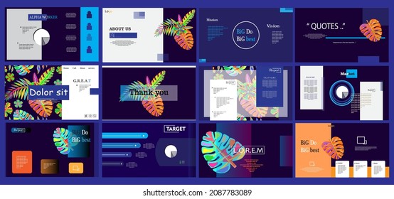 Presentation template with blue and black colors. Landing page, web design, brochure, flyer, banner, poster, page. Home page. Background template. UI, UX. Template set, element set. 
