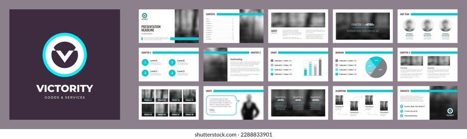 Presentation template with blue branding logo slides for wide full HD screen. Corpoate identity presentation in minimalistic blue style slides.