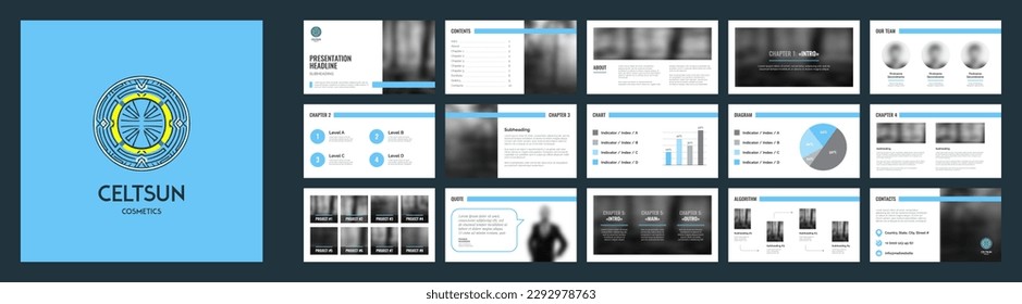 Presentation template with blue logo and wide screen slides. Corporate identity and branding design