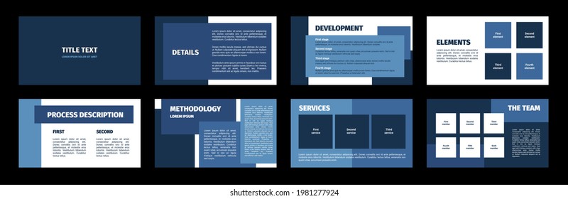 Presentation template. Blue rectangles flat design, white background. 8 slides. Title, detail, development, element, process description, methodology, services, team. Modern corporate document.