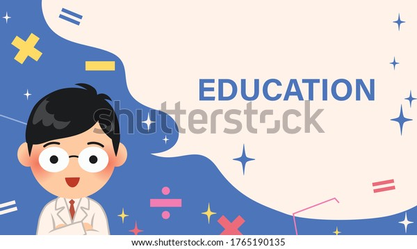 Presentation template of cartoon character\
doctor, speech bubble, sparkle and Plus, minus, multiply, divide\
sign. Vector\
illuatration.