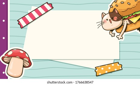 Presentation template of cute cat hamburger, mushroom, masking tape and note paper and notebook cartoon. Vector illustration. Template that looks like a notebook.