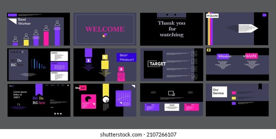 Presentation template design with black and blue and yellow colors. Landing page, web design, PPT, interface, data center, UI, UX. 