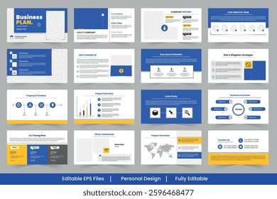 Presentation template design, Business plan presentation slides featuring charts, timelines, and project details in blue and yellow colors