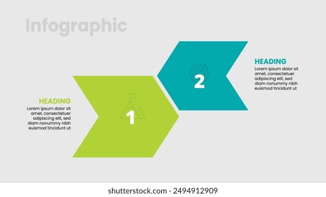 Presentation template design featuring an arrow process and 2 distinct steps with relevant icons. Professional vector illustration.