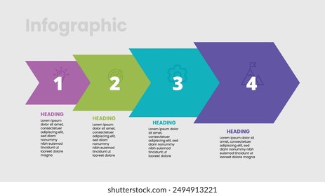 Presentation template design featuring an arrow process and 4 distinct steps with relevant icons. Professional vector illustration.