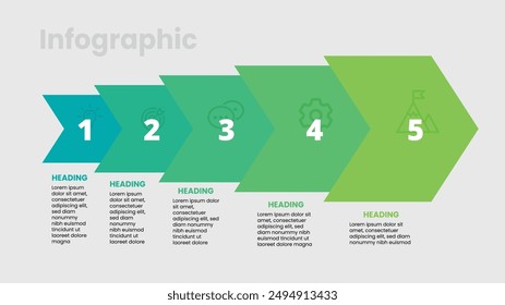 Presentation template design featuring an arrow process and 5 distinct steps with relevant icons. Professional vector illustration.