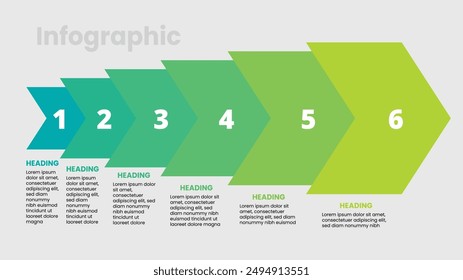 Presentation template design featuring an arrow process and 6 distinct steps with relevant icons. Professional vector illustration.