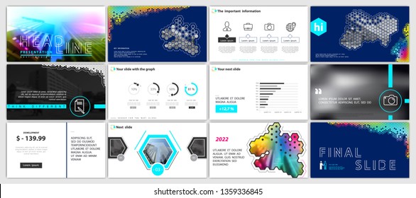 Presentation template. Elements for slide on a white background. Vector of infographic. Abstract design of hexagons in chameleon colors. Use as a postcard, annual report, marketing, advertising banner