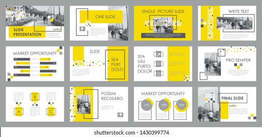 Presentation template. Elements for slide presentations. Use also as a flyer, brochure, corporate report, marketing, advertising, annual report, banner. Yellow,gray.