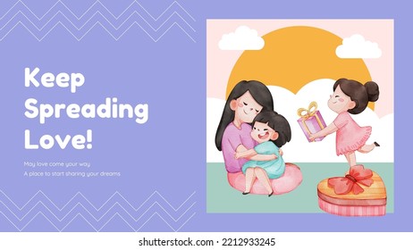 Presentation template with girl child hug with love concept,watercolor style
