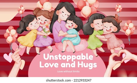 Presentation template with girl child hug with love concept,watercolor style
