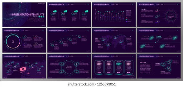 Plantilla de presentación. Elementos de neón degradado para presentaciones de diapositivas en un fondo morado. Utilice también como volante, folleto, informe corporativo, marketing, publicidad, informe anual, banner. Vector